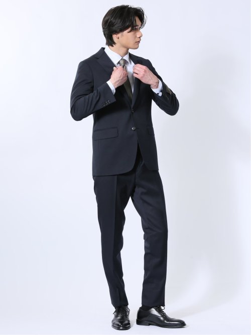 ウール混ストレッチ レギュラーフィット 2ボタン2ピーススーツ 紺
