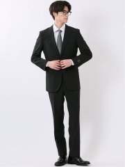 ウール混 ストレッチ スリムフィット 2ボタン 2ピース スーツ 無地 黒
