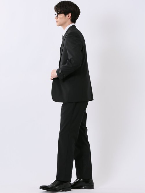 ウール混 ストレッチ スリムフィット 2ボタン 2ピース スーツ 無地 黒