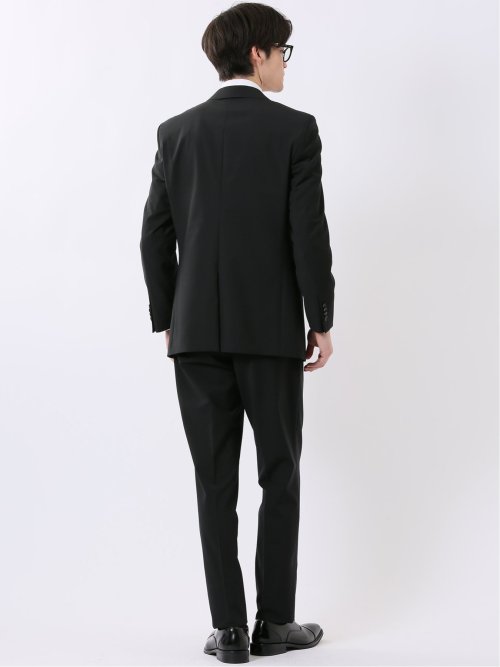 ウール混 ストレッチ スリムフィット 2ボタン 2ピース スーツ 無地 黒