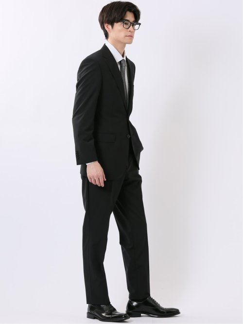 ウール混 ストレッチ スリムフィット 2ボタン 2ピース スーツ 無地 黒