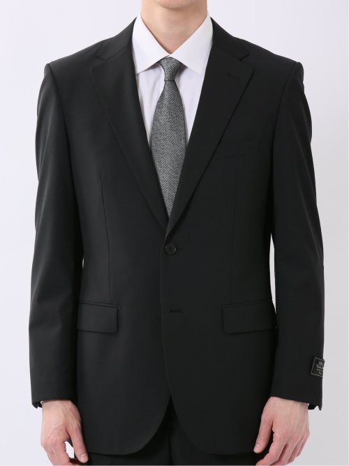ウール混 ストレッチ スリムフィット 2ボタン 2ピース スーツ 無地 黒