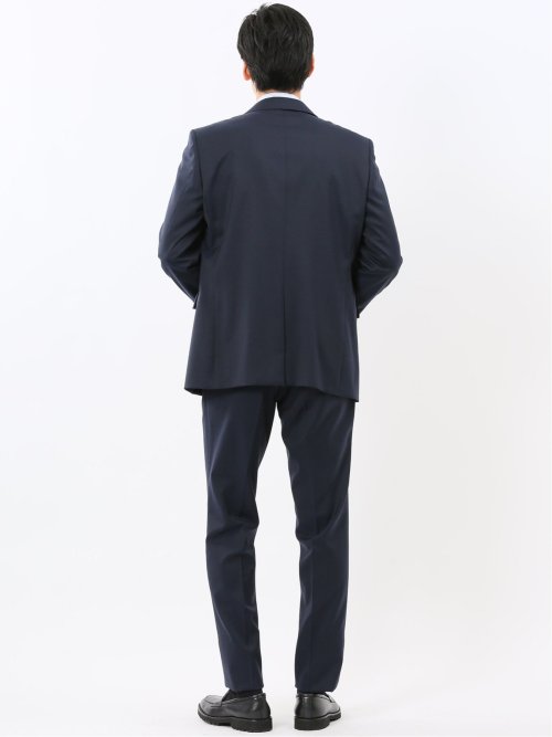 ウール混ストレッチ レギュラーフィット 2ボタン2ピーススーツ 無地紺