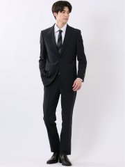 ウール混 ストレッチ スリムフィット 2ボタン 2ピース スーツ 無地 紺