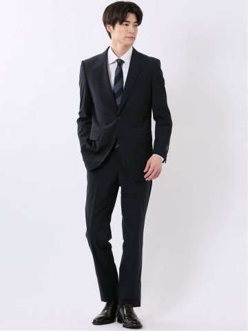 ウール混 ストレッチ スリムフィット 2ボタン 2ピース スーツ 無地 紺