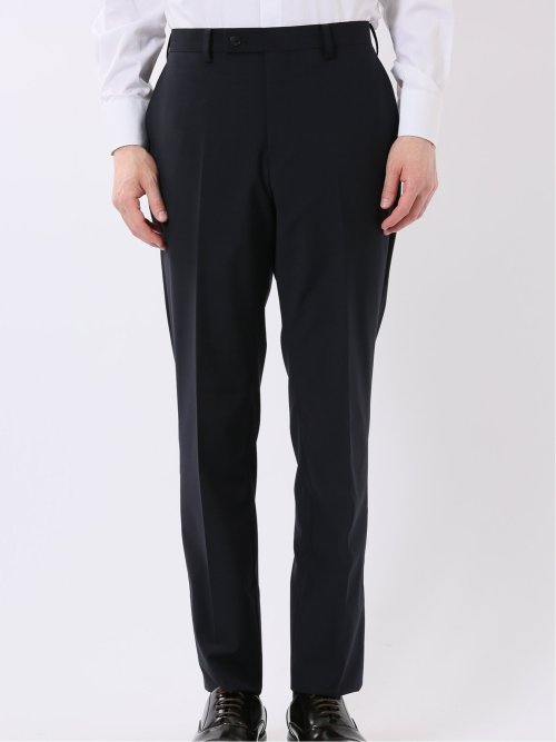 ウール混 ストレッチ スリムフィット 2ボタン 2ピース スーツ 無地 紺