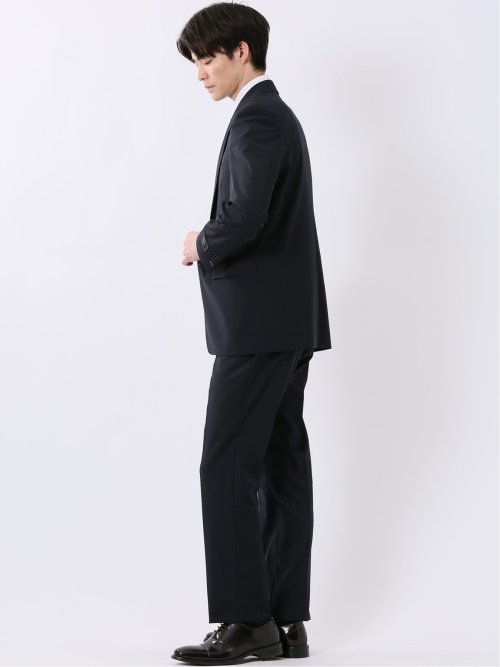 ウール混 ストレッチ スリムフィット 2ボタン 2ピース スーツ 無地 紺