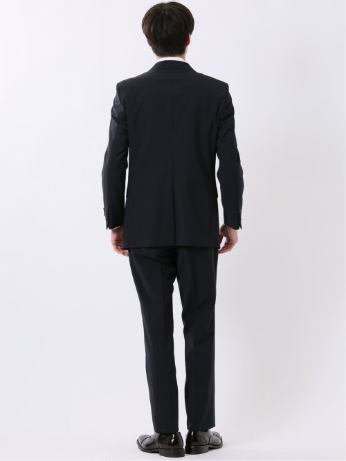 ウール混 ストレッチ スリムフィット 2ボタン 2ピース スーツ 無地 紺