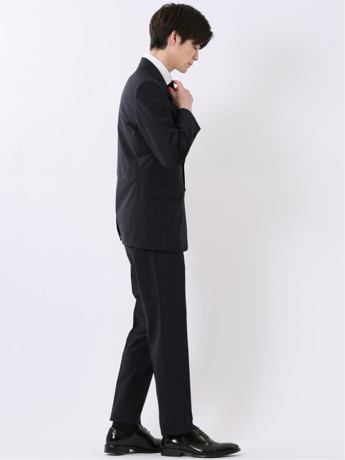 ウール混 ストレッチ スリムフィット 2ボタン 2ピース スーツ 無地 紺