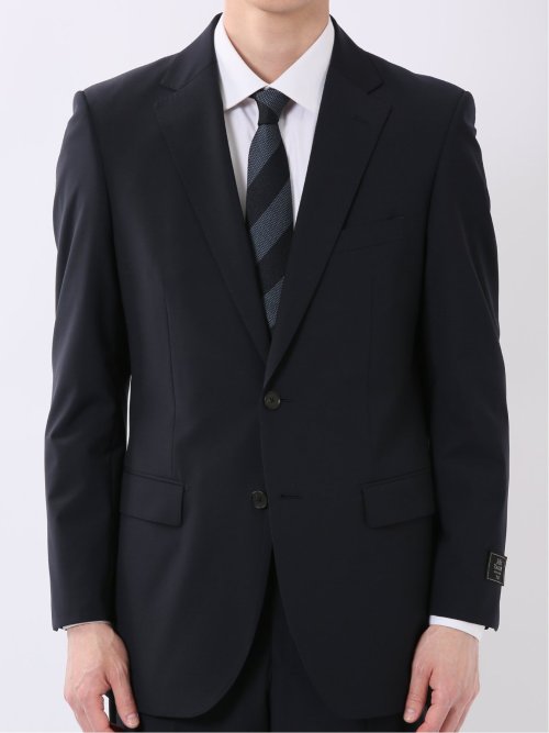 ウール混 ストレッチ スリムフィット 2ボタン 2ピース スーツ 無地 紺