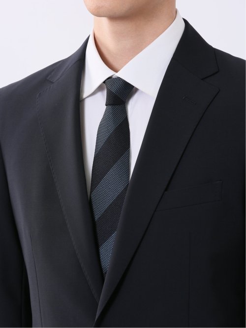 ウール混 ストレッチ スリムフィット 2ボタン 2ピース スーツ 無地 紺