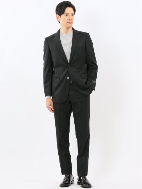 ウール混ストレッチ スリムフィット 2ボタン2ピーススーツ 無地黒
