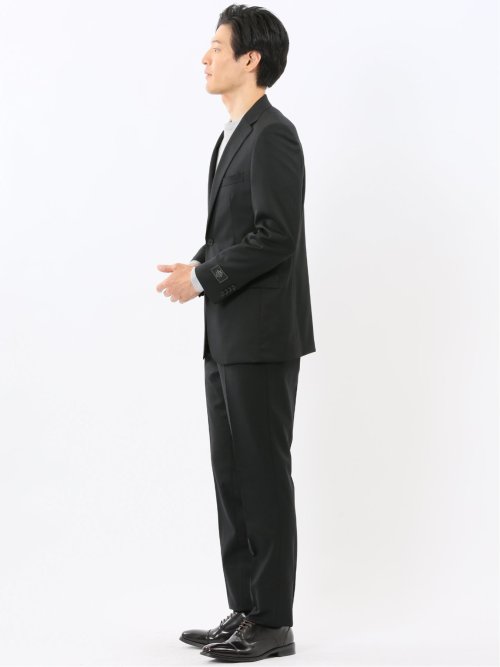 ウール混ストレッチ スリムフィット 2ボタン2ピーススーツ 無地黒