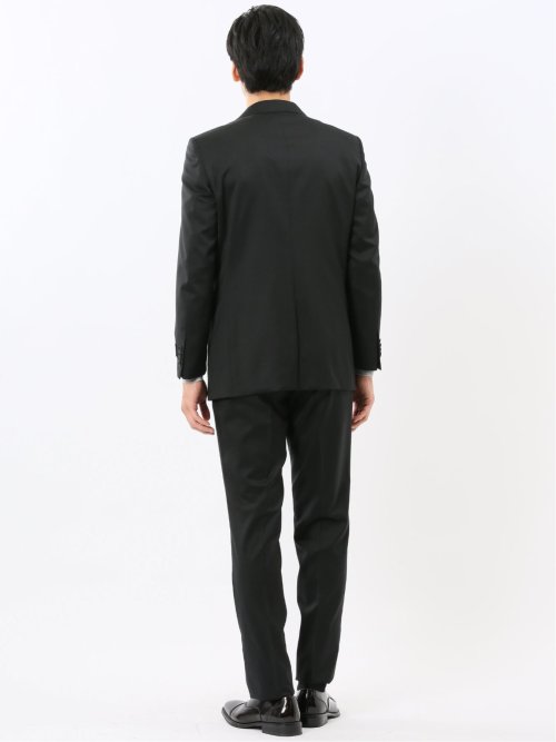 ウール混ストレッチ スリムフィット 2ボタン2ピーススーツ 無地黒