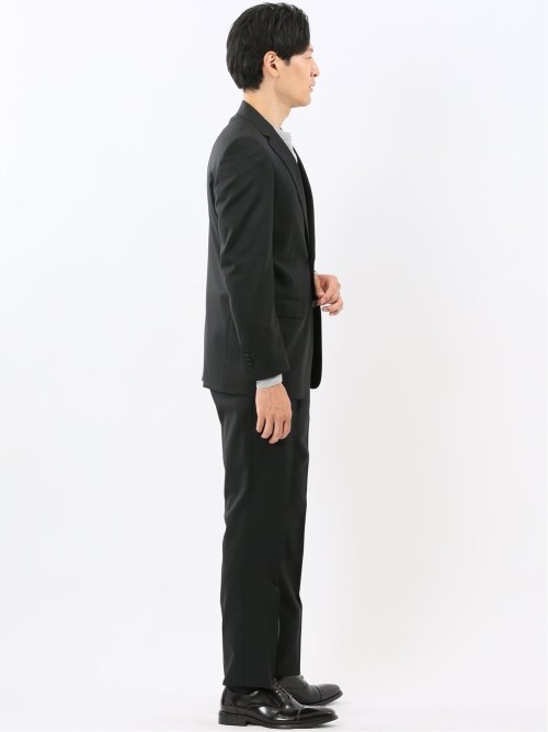 ウール混ストレッチ スリムフィット 2ボタン2ピーススーツ 無地黒