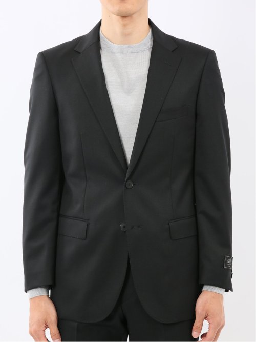 ウール混ストレッチ スリムフィット 2ボタン2ピーススーツ 無地黒