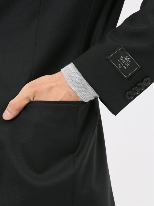 ウール混ストレッチ スリムフィット 2ボタン2ピーススーツ 無地黒