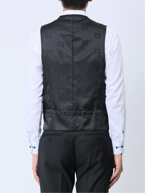 光沢ストレッチ スリムフィット 2ボタン3ピーススーツ ヘリンボン黒