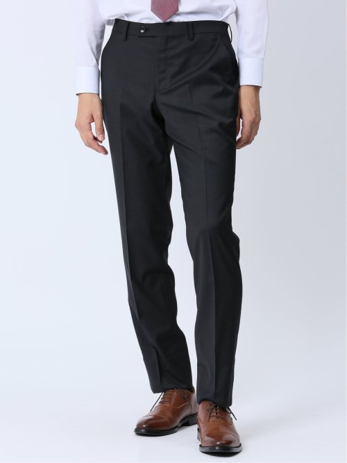 光沢ストレッチ スリムフィット 2ボタン3ピーススーツ ヘリンボン黒