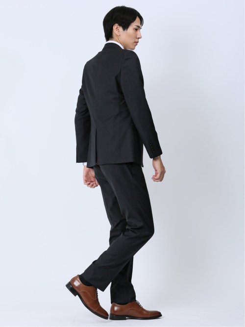光沢ストレッチ スリムフィット 2ボタン3ピーススーツ ヘリンボン黒