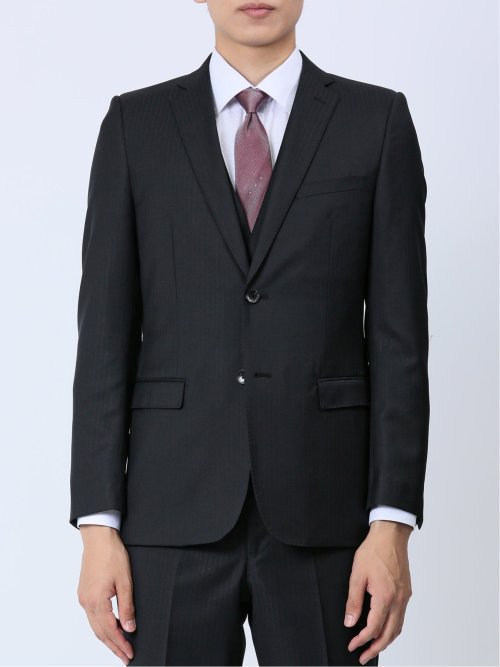 光沢ストレッチ スリムフィット 2ボタン3ピーススーツ ヘリンボン黒