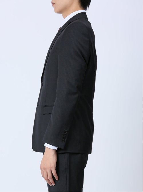 光沢ストレッチ スリムフィット 2ボタン3ピーススーツ ヘリンボン黒