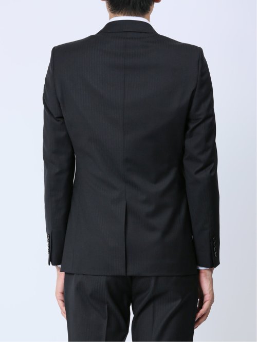 光沢ストレッチ スリムフィット 2ボタン3ピーススーツ ヘリンボン黒