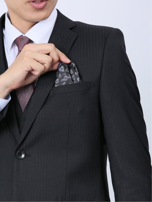 光沢ストレッチ スリムフィット 2ボタン3ピーススーツ ヘリンボン黒