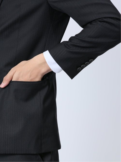 光沢ストレッチ スリムフィット 2ボタン3ピーススーツ ヘリンボン黒