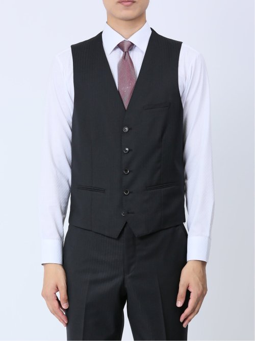 光沢ストレッチ スリムフィット 2ボタン3ピーススーツ ヘリンボン黒