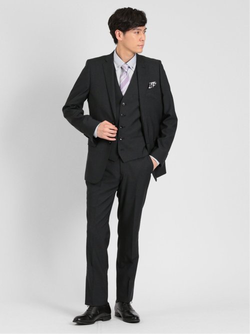 超光沢ストレッチ スリムフィット 2ボタン3ピーススーツ シャドーカルゼグレー