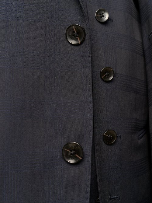 超光沢ストレッチ スリムフィット 2ボタン3ピーススーツ チェック紺