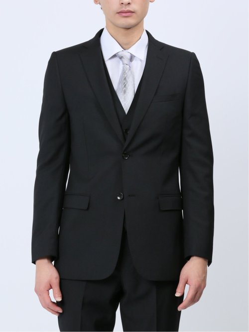 超光沢ストレッチ スリムフィット 2ボタン3ピーススーツ シャドーヘリンボン黒