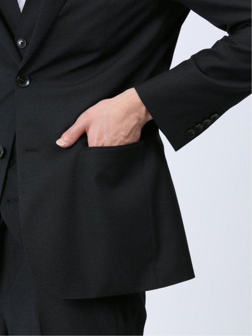 超光沢ストレッチ スリムフィット 2ボタン3ピーススーツ シャドーヘリンボン黒