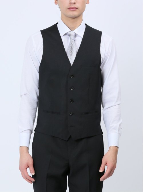 超光沢ストレッチ スリムフィット 2ボタン3ピーススーツ シャドーヘリンボン黒