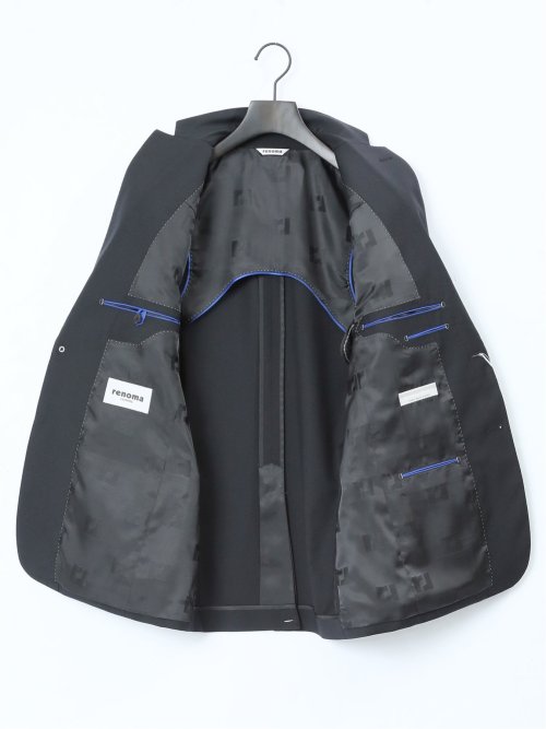 超光沢ストレッチ スリムフィット 2ボタン3ピーススーツ シャドーヘリンボン黒