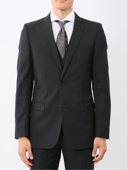 光沢ウール混ストレッチ スリムフィット 2ボタン3ピーススーツ シャドーストライプ黒