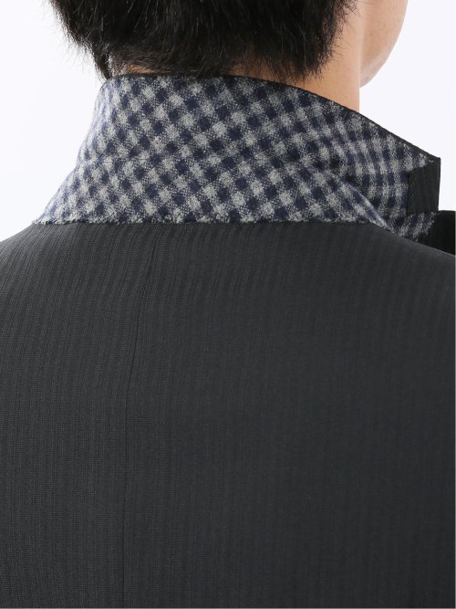 光沢ウール混ストレッチ スリムフィット 2ボタン3ピーススーツ シャドーストライプ黒