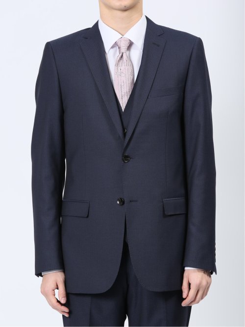 超光沢ストレッチ スリムフィット 2ボタン3ピーススーツ 千鳥青