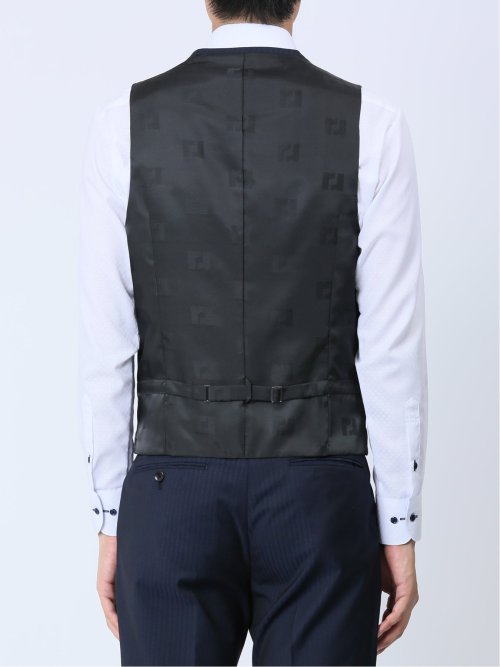 光沢ストレッチ スリムフィット 2ボタン3ピーススーツ ヘリンボン紺