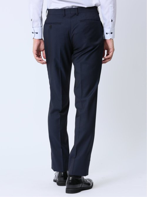 光沢ストレッチ スリムフィット 2ボタン3ピーススーツ ヘリンボン紺