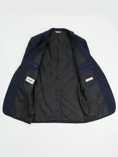 光沢ストレッチ スリムフィット 2ボタン3ピーススーツ ヘリンボン紺