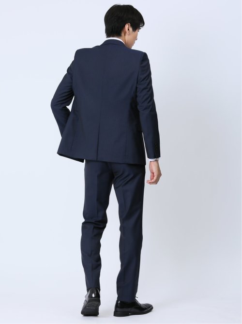 光沢ストレッチ スリムフィット 2ボタン3ピーススーツ ヘリンボン紺