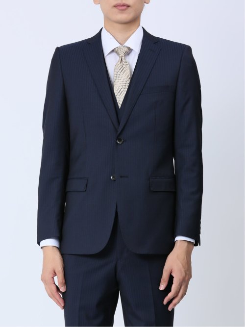 光沢ストレッチ スリムフィット 2ボタン3ピーススーツ ヘリンボン紺