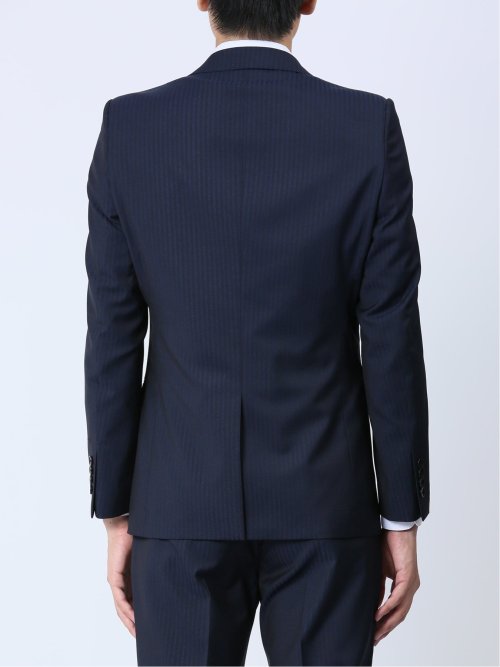 光沢ストレッチ スリムフィット 2ボタン3ピーススーツ ヘリンボン紺