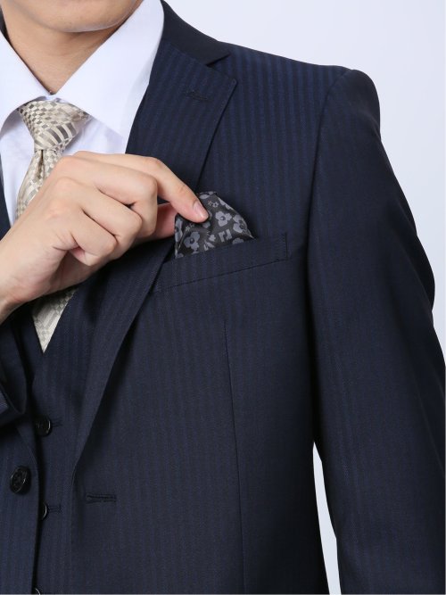 光沢ストレッチ スリムフィット 2ボタン3ピーススーツ ヘリンボン紺(Y3
