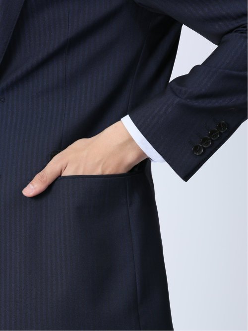 光沢ストレッチ スリムフィット 2ボタン3ピーススーツ ヘリンボン紺
