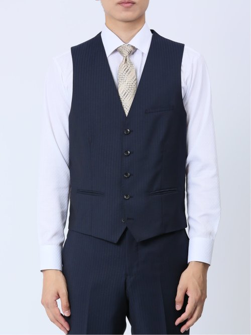 光沢ストレッチ スリムフィット 2ボタン3ピーススーツ ヘリンボン紺