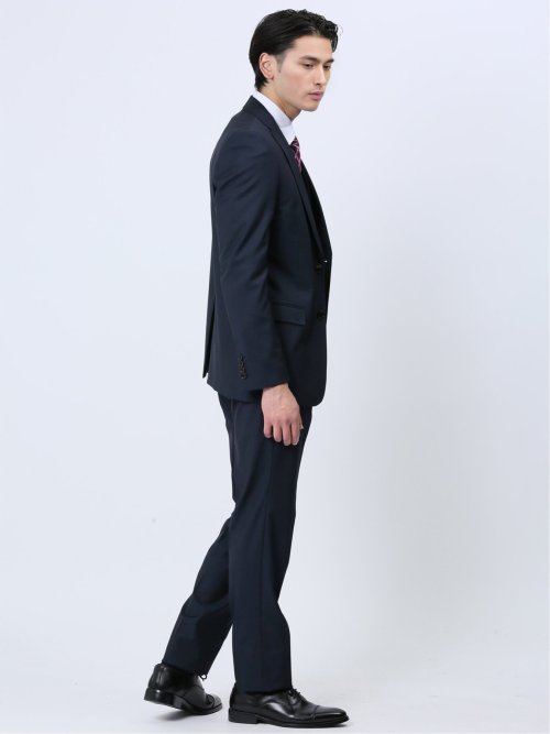 超光沢ストレッチ スリムフィット 2ボタン3ピーススーツ マイクロ紺