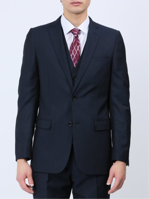 超光沢ストレッチ スリムフィット 2ボタン3ピーススーツ マイクロ紺